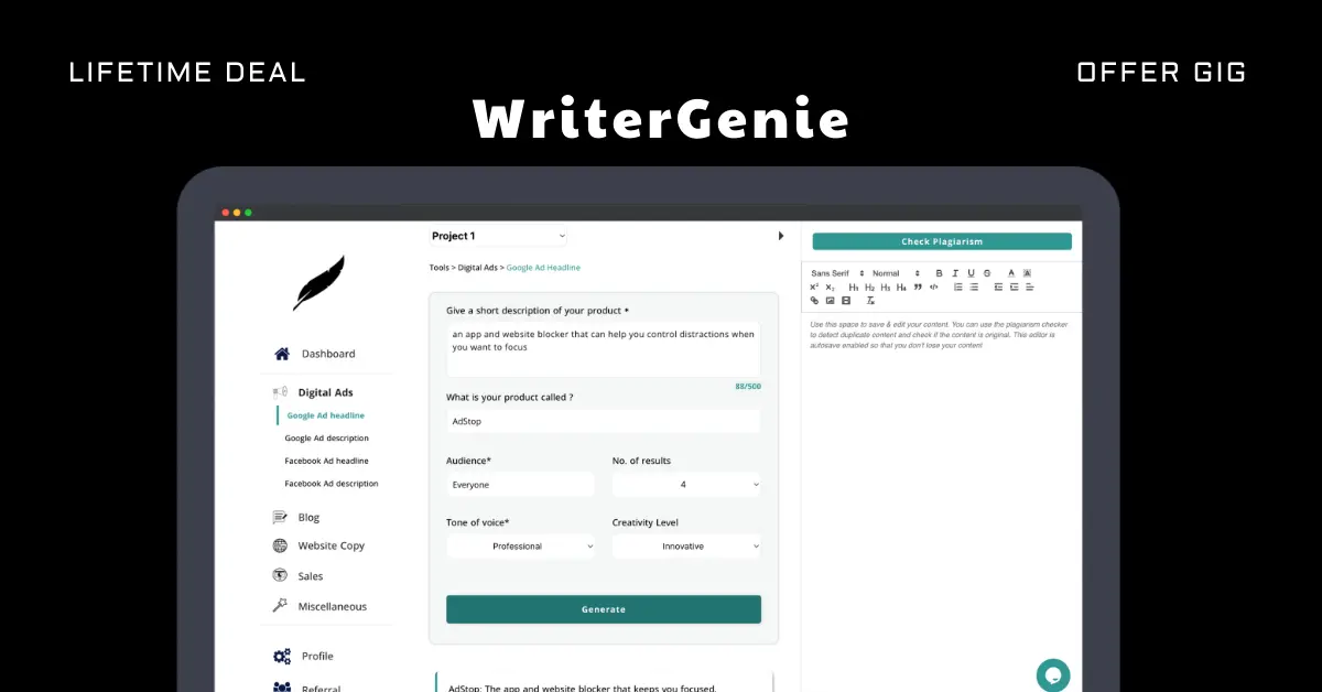 You are currently viewing WriterGenie Lifetime Deal | AI-Powered Content Generator
